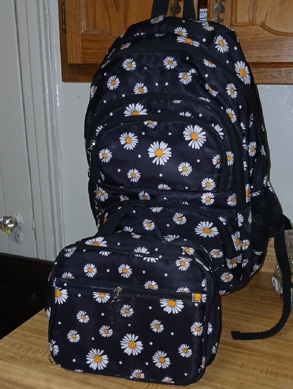 Daisy Print Black Backpack with Matching Lunch Bag